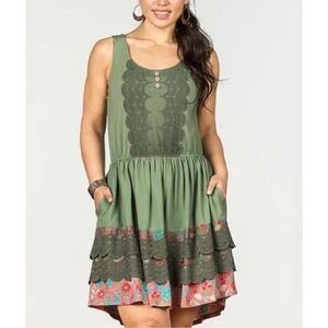Sleeveless Olive Green Crochet-Trim Summer Dress
